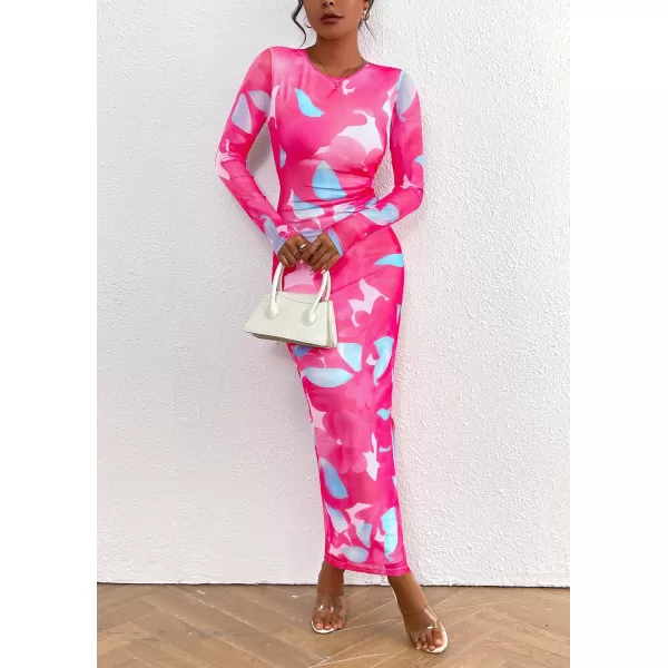 imagePRETTYGARDEN Womens Bodycon Maxi Dress Fall Fashion Long Sleeve Floral Print Tight Fitted Party Club Ruched DressesRose Red