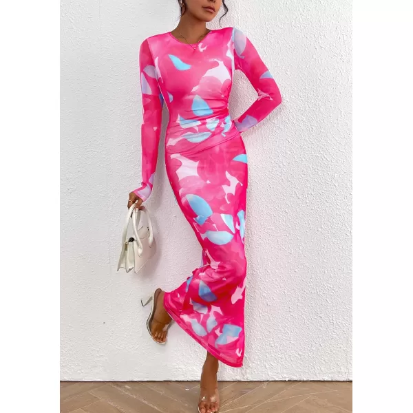 imagePRETTYGARDEN Womens Bodycon Maxi Dress Fall Fashion Long Sleeve Floral Print Tight Fitted Party Club Ruched DressesRose Red