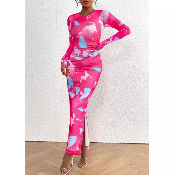imagePRETTYGARDEN Womens Bodycon Maxi Dress Fall Fashion Long Sleeve Floral Print Tight Fitted Party Club Ruched DressesRose Red
