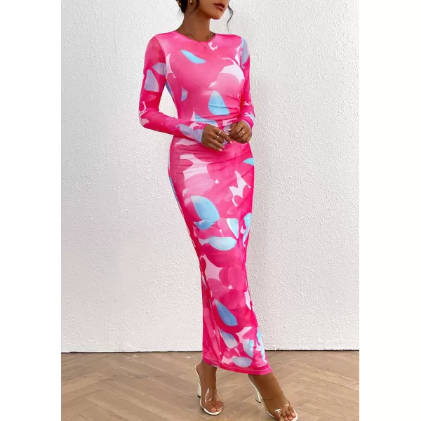 imagePRETTYGARDEN Womens Bodycon Maxi Dress Fall Fashion Long Sleeve Floral Print Tight Fitted Party Club Ruched DressesRose Red