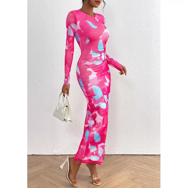 imagePRETTYGARDEN Womens Bodycon Maxi Dress Fall Fashion Long Sleeve Floral Print Tight Fitted Party Club Ruched DressesRose Red