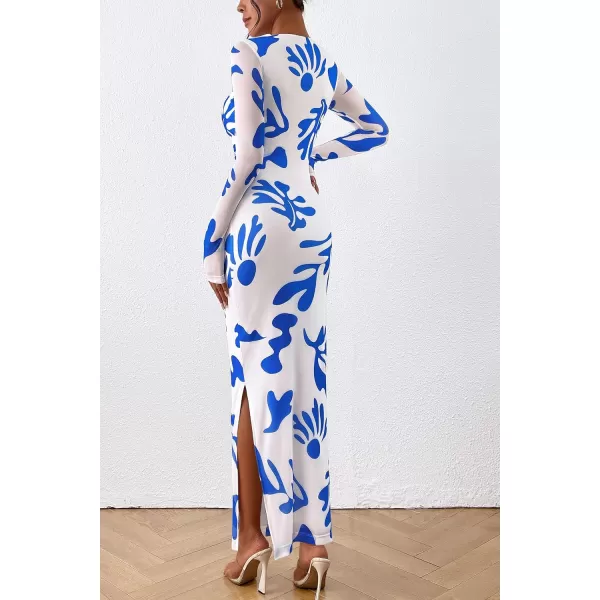 imagePRETTYGARDEN Womens Bodycon Maxi Dress Fall Fashion Long Sleeve Floral Print Tight Fitted Party Club Ruched DressesWhite Blue Floral