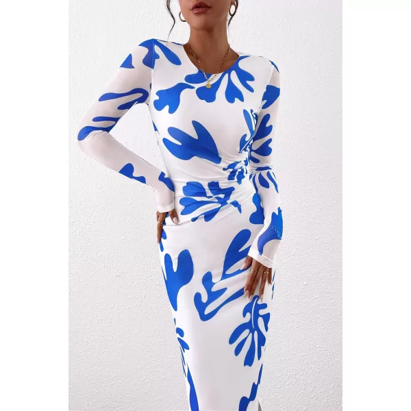 imagePRETTYGARDEN Womens Bodycon Maxi Dress Fall Fashion Long Sleeve Floral Print Tight Fitted Party Club Ruched DressesWhite Blue Floral