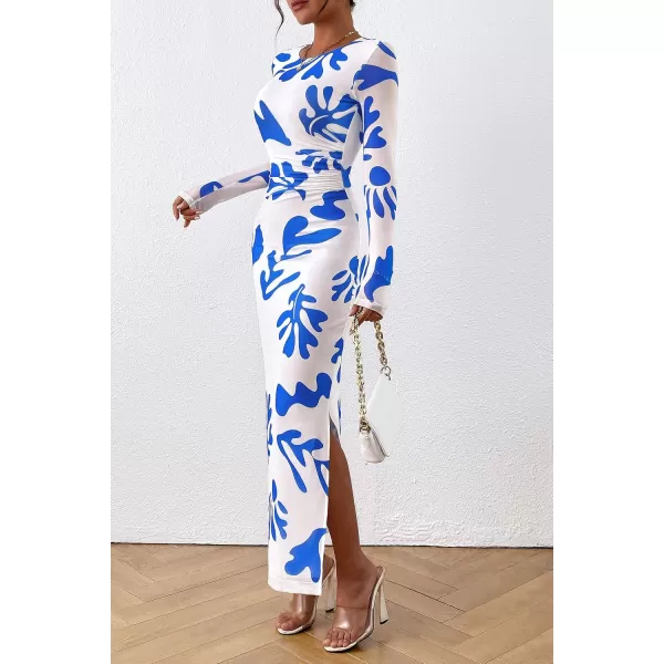 imagePRETTYGARDEN Womens Bodycon Maxi Dress Fall Fashion Long Sleeve Floral Print Tight Fitted Party Club Ruched DressesWhite Blue Floral
