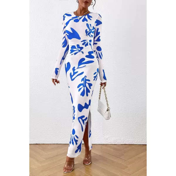 imagePRETTYGARDEN Womens Bodycon Maxi Dress Fall Fashion Long Sleeve Floral Print Tight Fitted Party Club Ruched DressesWhite Blue Floral
