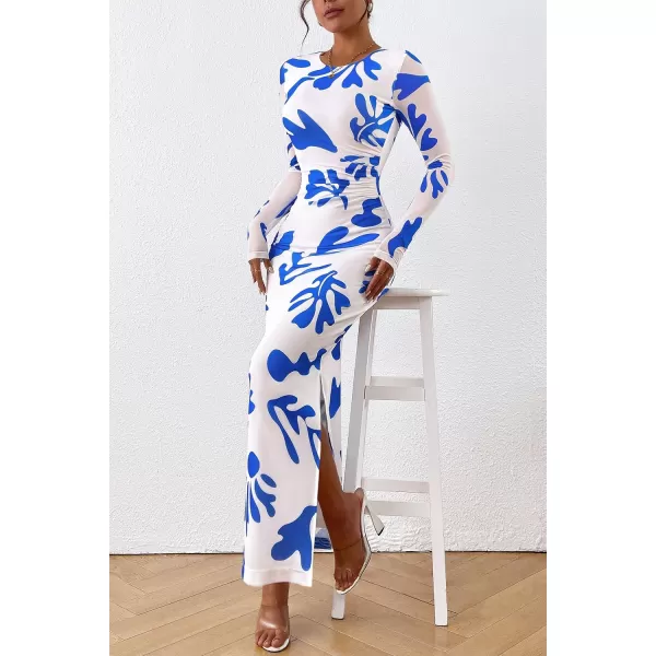 imagePRETTYGARDEN Womens Bodycon Maxi Dress Fall Fashion Long Sleeve Floral Print Tight Fitted Party Club Ruched DressesWhite Blue Floral