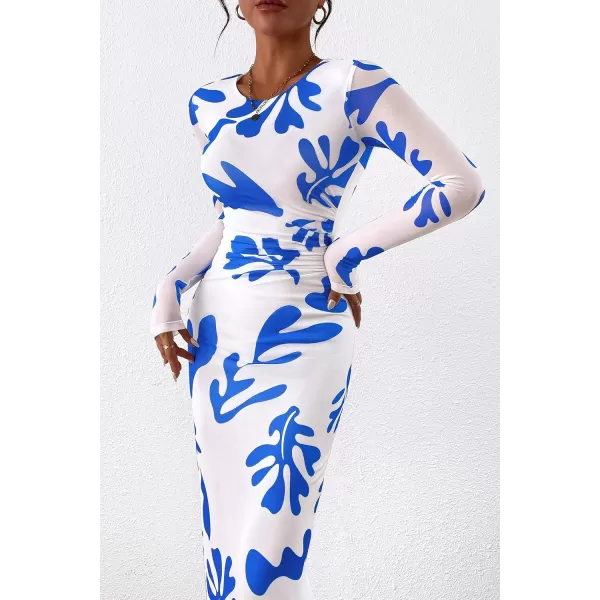 imagePRETTYGARDEN Womens Bodycon Maxi Dress Fall Fashion Long Sleeve Floral Print Tight Fitted Party Club Ruched DressesWhite Blue Floral