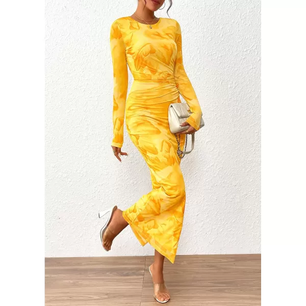 imagePRETTYGARDEN Womens Bodycon Maxi Dress Fall Fashion Long Sleeve Floral Print Tight Fitted Party Club Ruched DressesYellow Big Floral