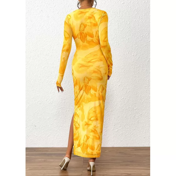 imagePRETTYGARDEN Womens Bodycon Maxi Dress Fall Fashion Long Sleeve Floral Print Tight Fitted Party Club Ruched DressesYellow Big Floral
