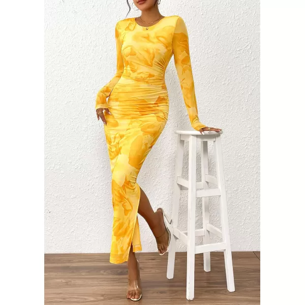 imagePRETTYGARDEN Womens Bodycon Maxi Dress Fall Fashion Long Sleeve Floral Print Tight Fitted Party Club Ruched DressesYellow Big Floral