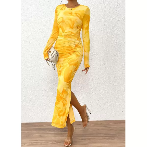 imagePRETTYGARDEN Womens Bodycon Maxi Dress Fall Fashion Long Sleeve Floral Print Tight Fitted Party Club Ruched DressesYellow Big Floral
