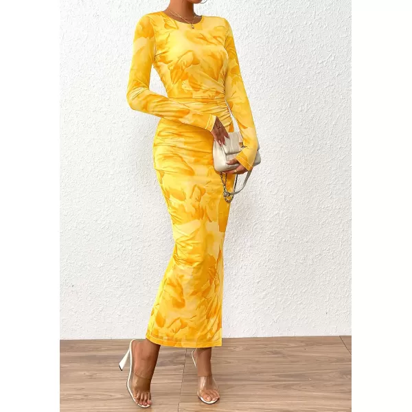 imagePRETTYGARDEN Womens Bodycon Maxi Dress Fall Fashion Long Sleeve Floral Print Tight Fitted Party Club Ruched DressesYellow Big Floral