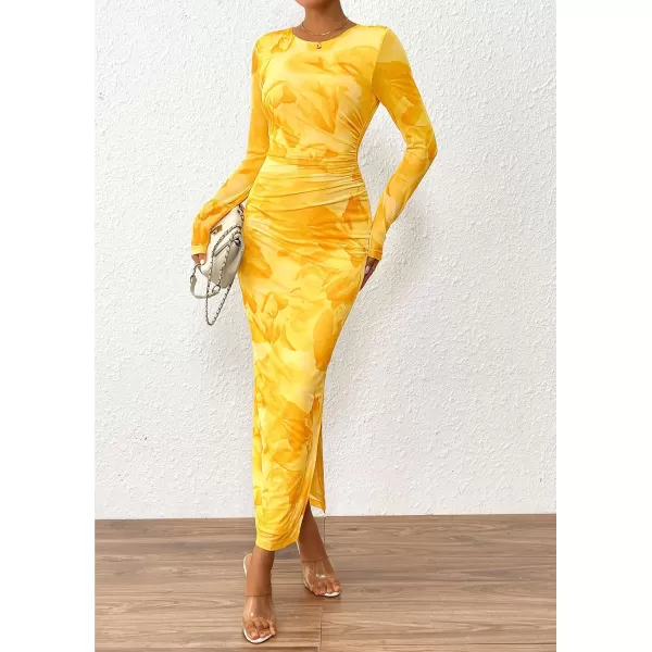 imagePRETTYGARDEN Womens Bodycon Maxi Dress Fall Fashion Long Sleeve Floral Print Tight Fitted Party Club Ruched DressesYellow Big Floral