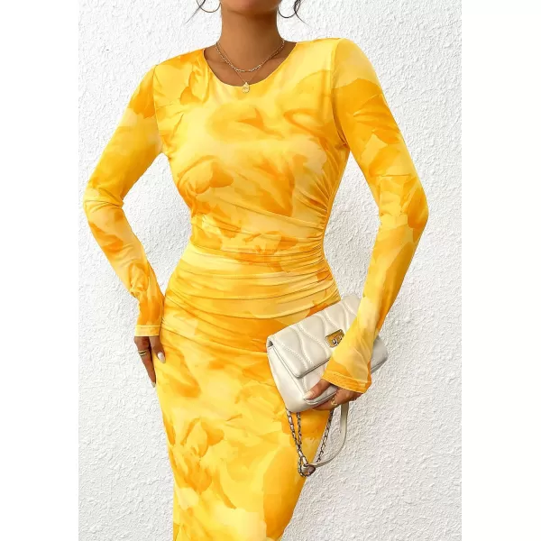 imagePRETTYGARDEN Womens Bodycon Maxi Dress Fall Fashion Long Sleeve Floral Print Tight Fitted Party Club Ruched DressesYellow Big Floral