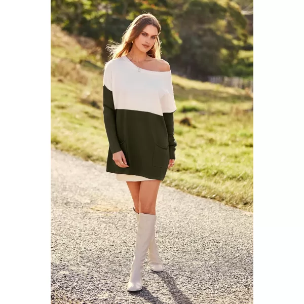 imagePRETTYGARDEN Womens Causal Loose Sweater Color Block Knit Pullover Off Shoulder Comfy Jumper TopsArmy Green