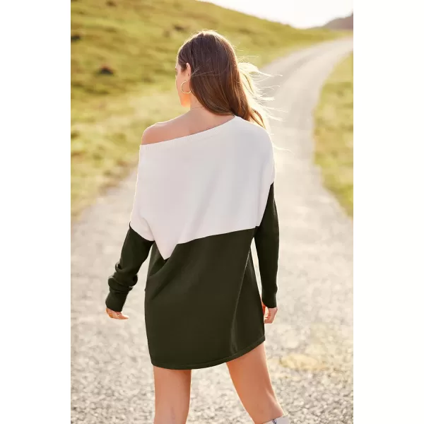 imagePRETTYGARDEN Womens Causal Loose Sweater Color Block Knit Pullover Off Shoulder Comfy Jumper TopsArmy Green
