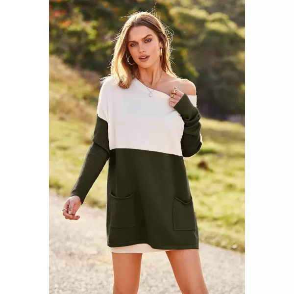 imagePRETTYGARDEN Womens Causal Loose Sweater Color Block Knit Pullover Off Shoulder Comfy Jumper TopsArmy Green