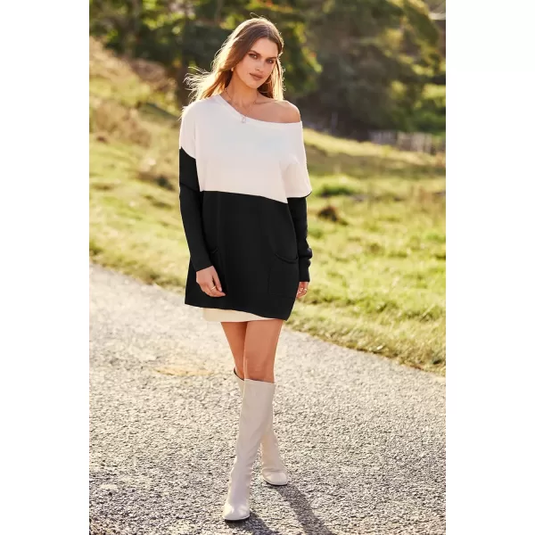 imagePRETTYGARDEN Womens Causal Loose Sweater Color Block Knit Pullover Off Shoulder Comfy Jumper TopsBlack