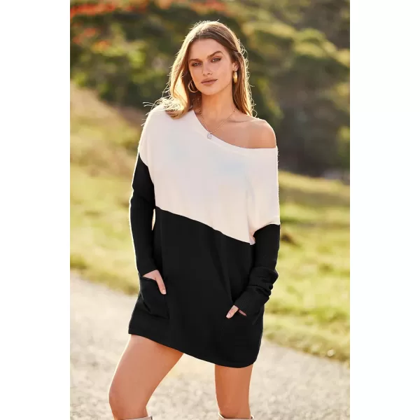 imagePRETTYGARDEN Womens Causal Loose Sweater Color Block Knit Pullover Off Shoulder Comfy Jumper TopsBlack
