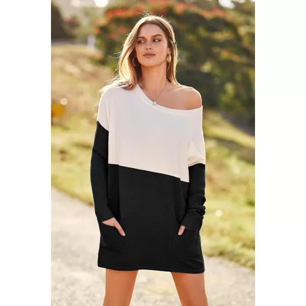 imagePRETTYGARDEN Womens Causal Loose Sweater Color Block Knit Pullover Off Shoulder Comfy Jumper TopsBlack