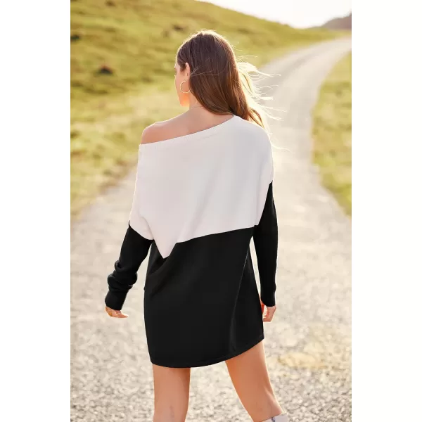 imagePRETTYGARDEN Womens Causal Loose Sweater Color Block Knit Pullover Off Shoulder Comfy Jumper TopsBlack