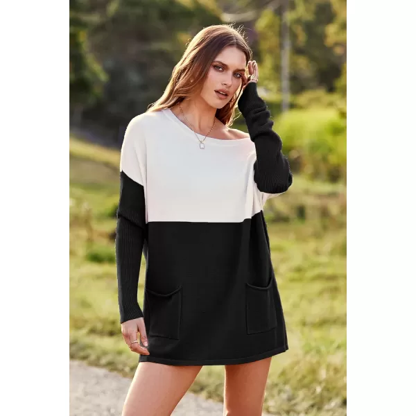 imagePRETTYGARDEN Womens Causal Loose Sweater Color Block Knit Pullover Off Shoulder Comfy Jumper TopsBlack