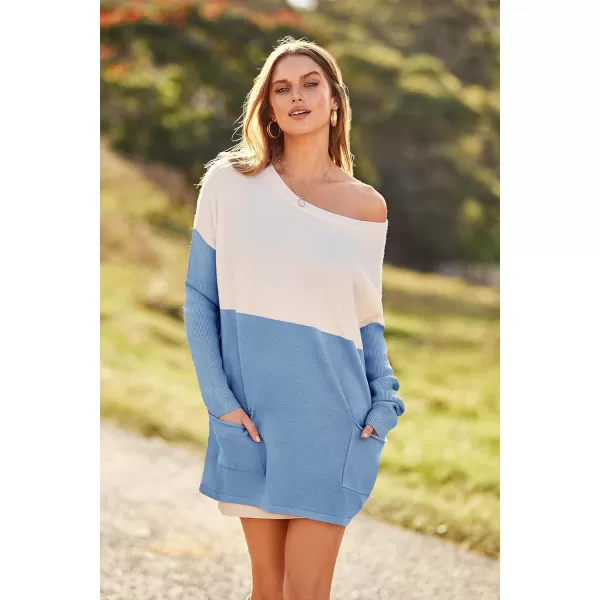imagePRETTYGARDEN Womens Causal Loose Sweater Color Block Knit Pullover Off Shoulder Comfy Jumper TopsBlue