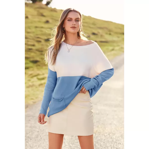 imagePRETTYGARDEN Womens Causal Loose Sweater Color Block Knit Pullover Off Shoulder Comfy Jumper TopsBlue