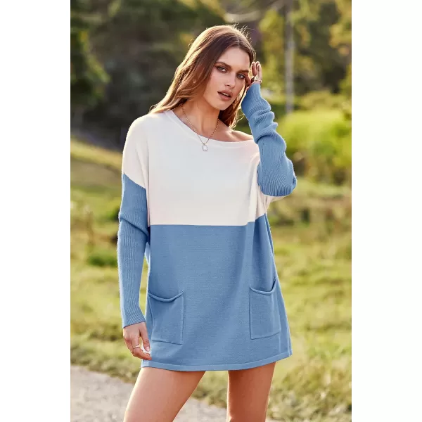 imagePRETTYGARDEN Womens Causal Loose Sweater Color Block Knit Pullover Off Shoulder Comfy Jumper TopsBlue