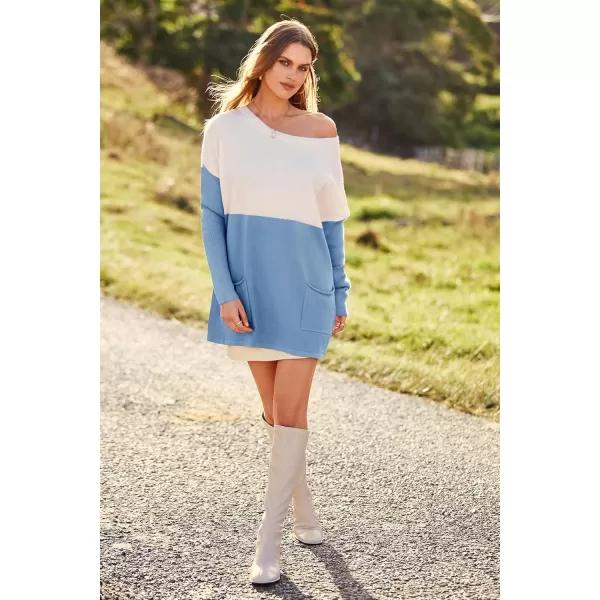 imagePRETTYGARDEN Womens Causal Loose Sweater Color Block Knit Pullover Off Shoulder Comfy Jumper TopsBlue