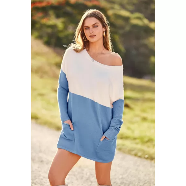 imagePRETTYGARDEN Womens Causal Loose Sweater Color Block Knit Pullover Off Shoulder Comfy Jumper TopsBlue