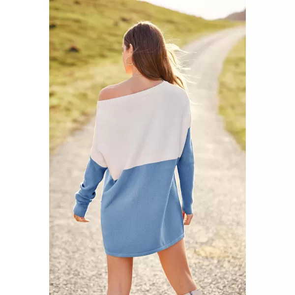 imagePRETTYGARDEN Womens Causal Loose Sweater Color Block Knit Pullover Off Shoulder Comfy Jumper TopsBlue