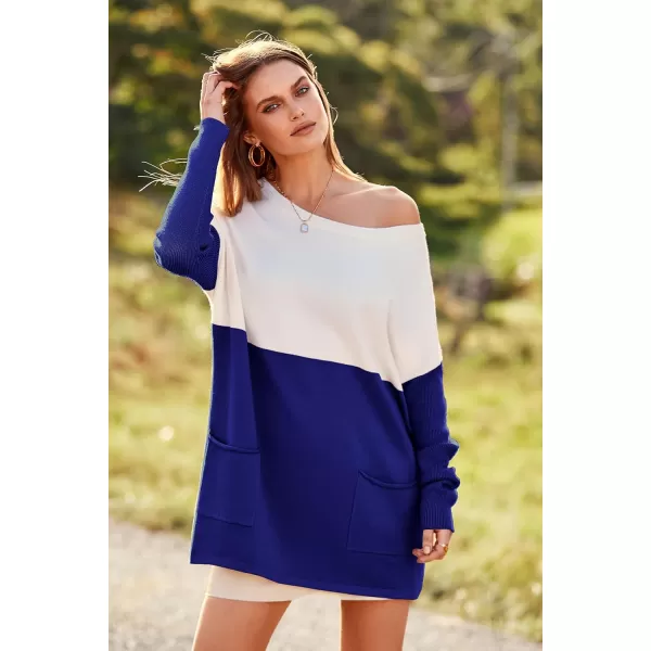 imagePRETTYGARDEN Womens Causal Loose Sweater Color Block Knit Pullover Off Shoulder Comfy Jumper TopsBrilliant Blue