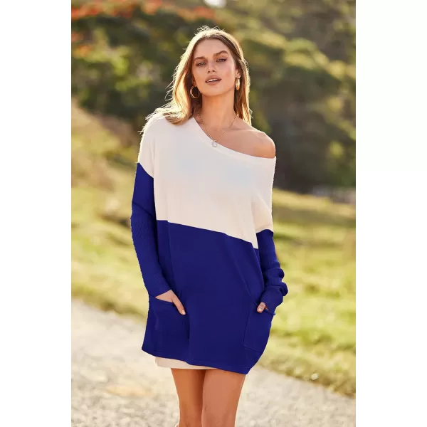 imagePRETTYGARDEN Womens Causal Loose Sweater Color Block Knit Pullover Off Shoulder Comfy Jumper TopsBrilliant Blue