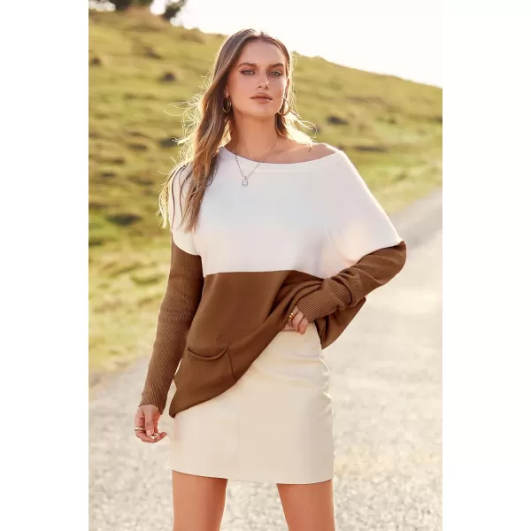 imagePRETTYGARDEN Womens Causal Loose Sweater Color Block Knit Pullover Off Shoulder Comfy Jumper TopsBrown Yellow