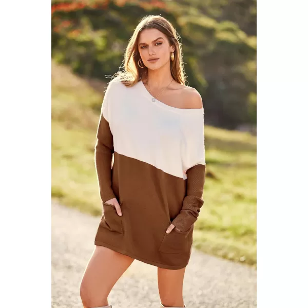 imagePRETTYGARDEN Womens Causal Loose Sweater Color Block Knit Pullover Off Shoulder Comfy Jumper TopsBrown Yellow