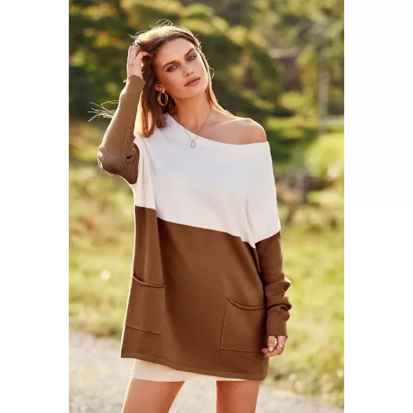 imagePRETTYGARDEN Womens Causal Loose Sweater Color Block Knit Pullover Off Shoulder Comfy Jumper TopsBrown Yellow