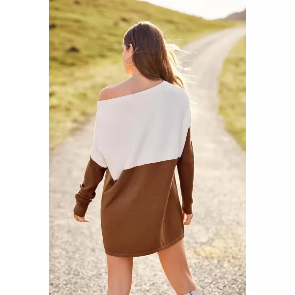 imagePRETTYGARDEN Womens Causal Loose Sweater Color Block Knit Pullover Off Shoulder Comfy Jumper TopsBrown Yellow