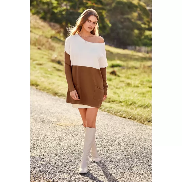 imagePRETTYGARDEN Womens Causal Loose Sweater Color Block Knit Pullover Off Shoulder Comfy Jumper TopsBrown Yellow
