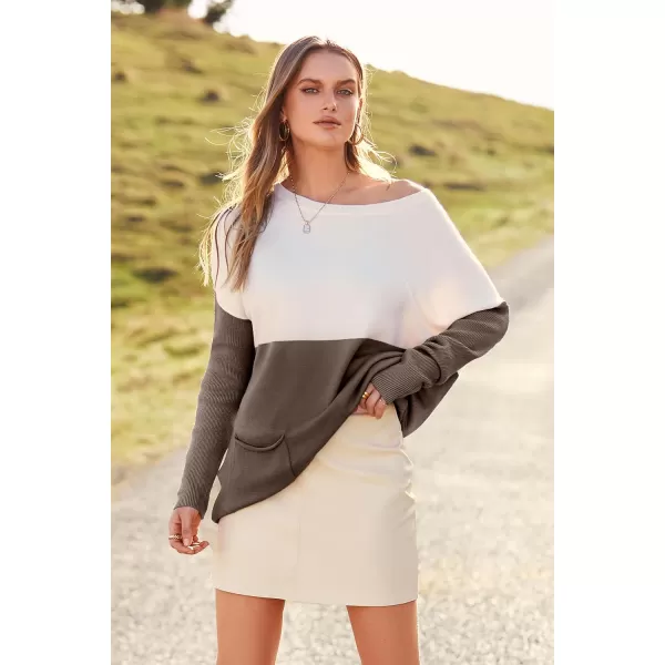 imagePRETTYGARDEN Womens Causal Loose Sweater Color Block Knit Pullover Off Shoulder Comfy Jumper TopsCamel