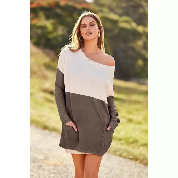 imagePRETTYGARDEN Womens Causal Loose Sweater Color Block Knit Pullover Off Shoulder Comfy Jumper TopsCamel
