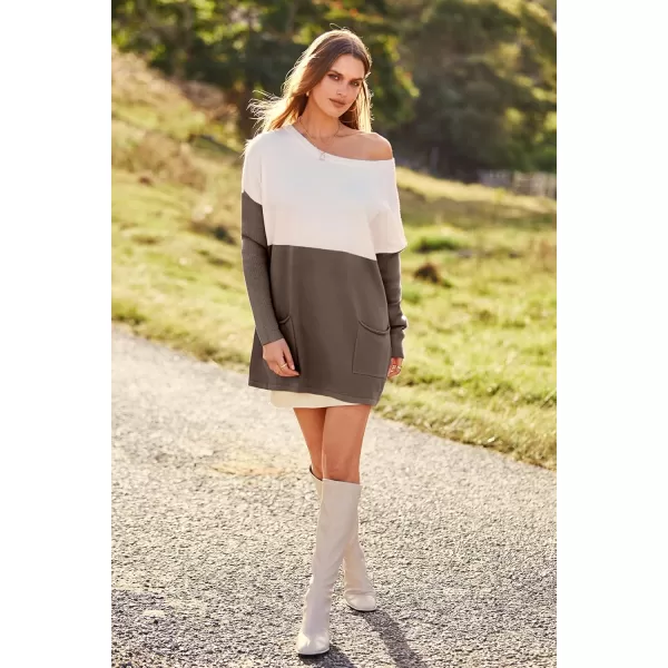 imagePRETTYGARDEN Womens Causal Loose Sweater Color Block Knit Pullover Off Shoulder Comfy Jumper TopsCamel