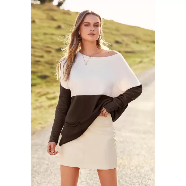 imagePRETTYGARDEN Womens Causal Loose Sweater Color Block Knit Pullover Off Shoulder Comfy Jumper TopsCoffee