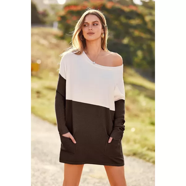 imagePRETTYGARDEN Womens Causal Loose Sweater Color Block Knit Pullover Off Shoulder Comfy Jumper TopsCoffee