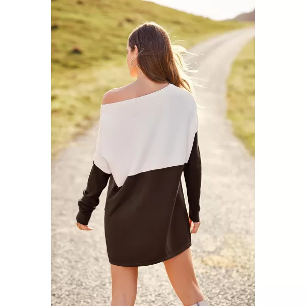 imagePRETTYGARDEN Womens Causal Loose Sweater Color Block Knit Pullover Off Shoulder Comfy Jumper TopsCoffee