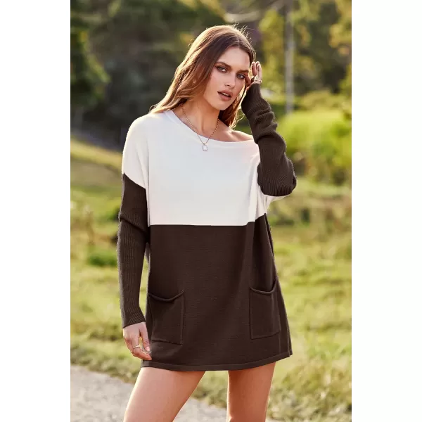 imagePRETTYGARDEN Womens Causal Loose Sweater Color Block Knit Pullover Off Shoulder Comfy Jumper TopsCoffee