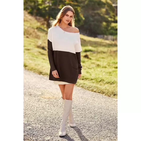 imagePRETTYGARDEN Womens Causal Loose Sweater Color Block Knit Pullover Off Shoulder Comfy Jumper TopsCoffee