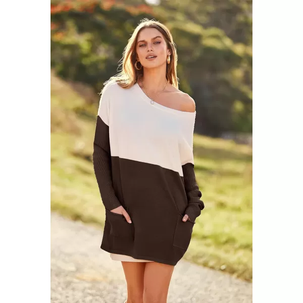 imagePRETTYGARDEN Womens Causal Loose Sweater Color Block Knit Pullover Off Shoulder Comfy Jumper TopsCoffee