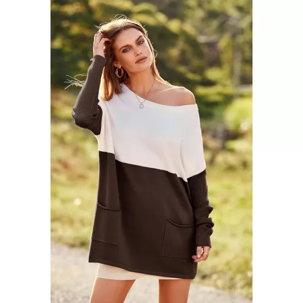 imagePRETTYGARDEN Womens Causal Loose Sweater Color Block Knit Pullover Off Shoulder Comfy Jumper TopsCoffee