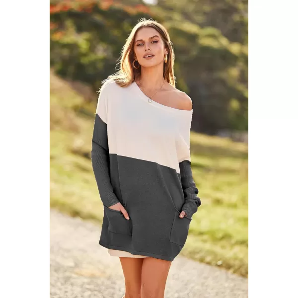imagePRETTYGARDEN Womens Causal Loose Sweater Color Block Knit Pullover Off Shoulder Comfy Jumper TopsDark Grey